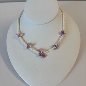 White Shell Necklace with Lavender Flower Accents 15”